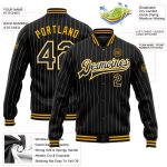 Personalized Black and White Pinstripe Gold Varsity Letterman Bomber Jacket Personalized Black White Pinstripe Gold Bomber