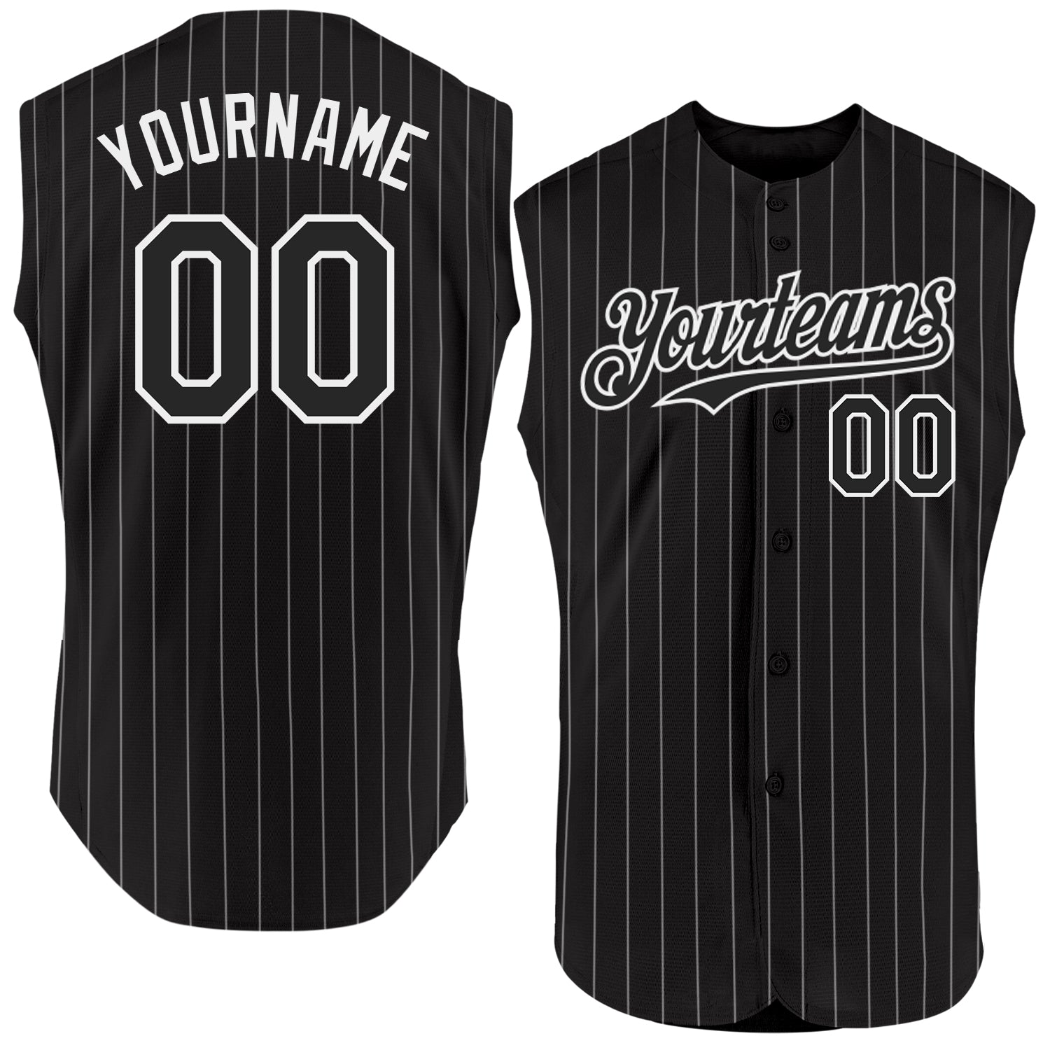 Personalized Black White Pinstripe Baseball Jersey with Gold Sleeveless Design Personalized Black White Pinstripe Gold Sleeveless