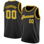 Custom Personalized Basketball Jersey - Black White Pinstripe with Gold-White Team Name and Number Personalized Black White