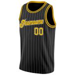 Custom Personalized Basketball Jersey - Black White Pinstripe with Gold-White Team Name and Number Personalized Black White