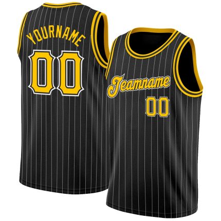 Custom Black and White Pinstripe Basketball Jersey with Gold Accents Personalized Black White Pinstripe Gold-White Basketball