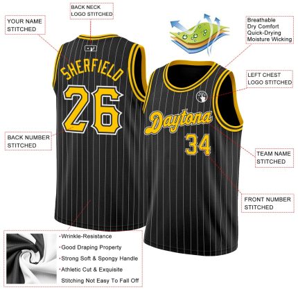 Custom Black and White Pinstripe Basketball Jersey with Gold Accents Personalized Black White Pinstripe Gold-White Basketball