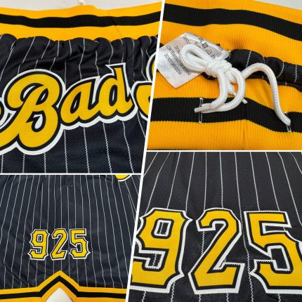 Personalized Black and White Pinstripe Basketball Shorts with Gold Accents Personalized Black White Pinstripe Gold-White