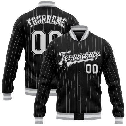 Personalized Varsity Letterman Bomber Jacket - Black White Pinstripe Gray Full-Snap Design Personalized Black White Pinstripe