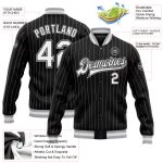 Custom Name and Number Varsity Letterman Jacket - Personalized Black White Pinstripe Gray Bomber Full-Snap Personalized Black