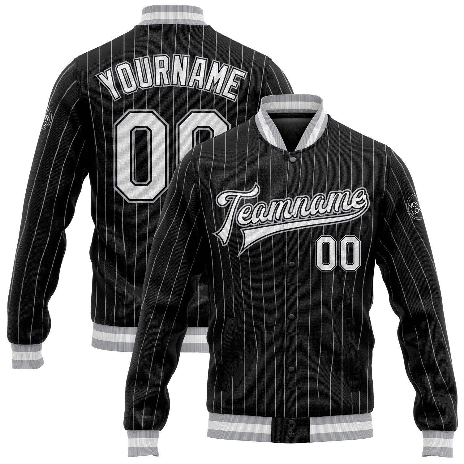 Custom Name and Number Varsity Letterman Jacket - Personalized Black White Pinstripe Gray Bomber Full-Snap Personalized Black