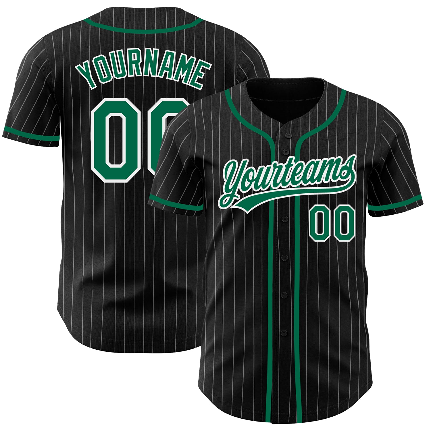 Custom Name and Number Black White Pinstripe Authentic Baseball Jersey, Kelly Green Team Apparel Personalized Black White