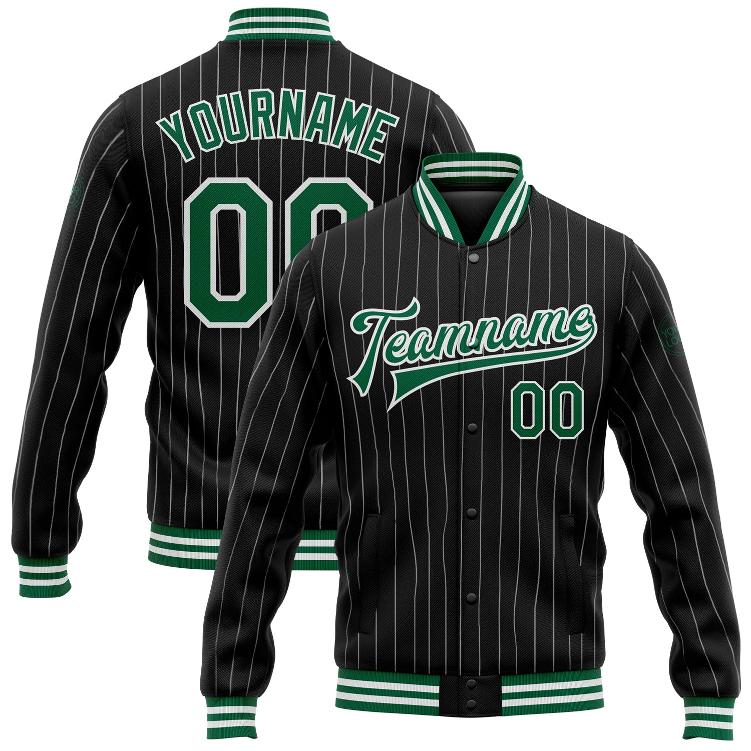Custom Name Number Varsity Letterman Jacket Kelly Green Black White Pinstripe Full-Snap Bomber Personalized Black White Pinstripe
