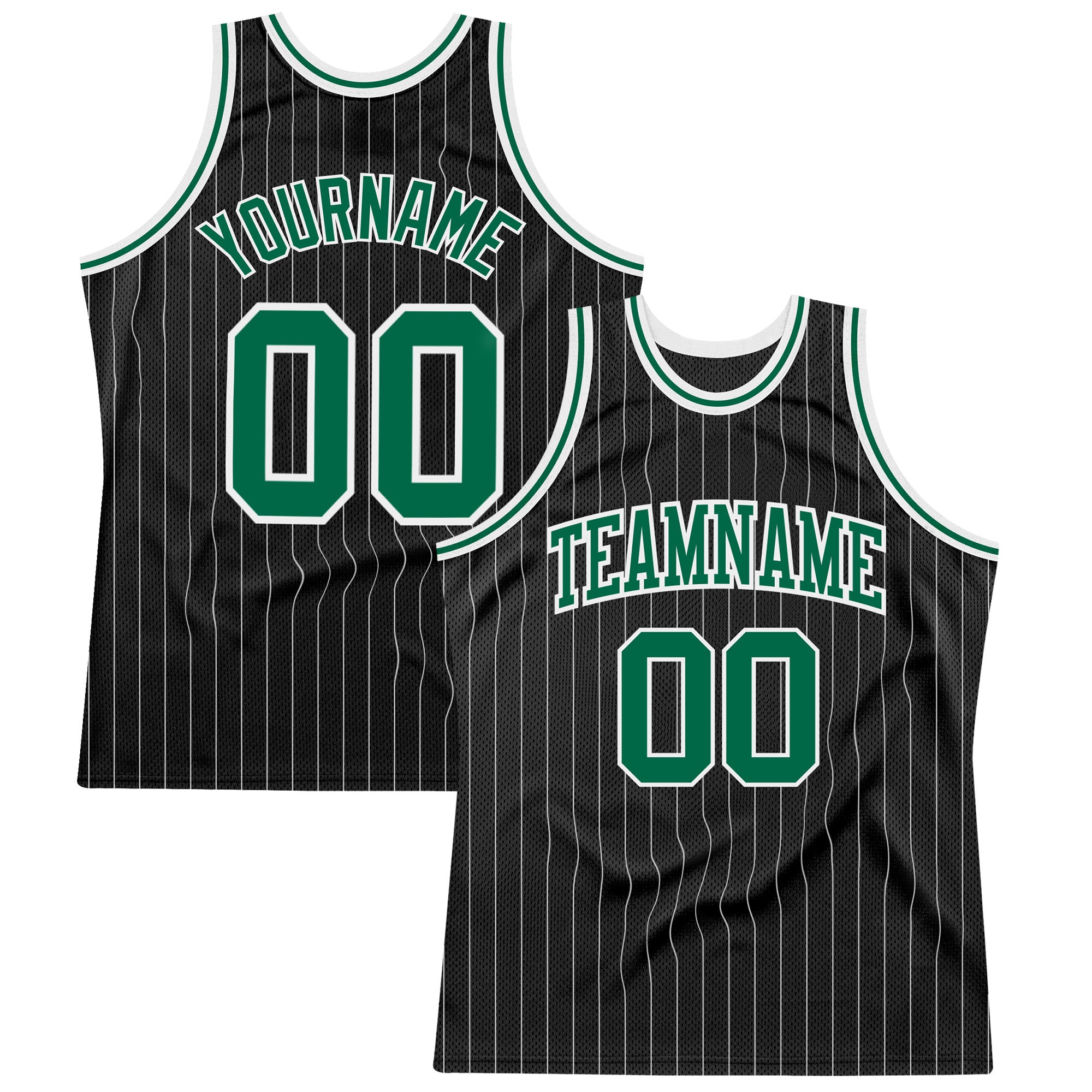 Personalized Black White Pinstripe Basketball Jersey in Kelly Green and White - Authentic Style Personalized Black White