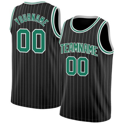 Personalized Custom Name and Number Basketball Jersey - Black White Pinstripe Kelly Green-White Authentic Design Personalized
