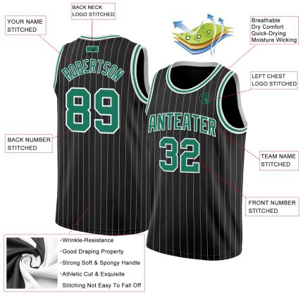 Personalized Custom Name and Number Basketball Jersey - Black White Pinstripe Kelly Green-White Authentic Design Personalized