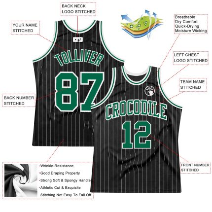 Personalized Black White Pinstripe Basketball Jersey in Kelly Green and White - Authentic Style Personalized Black White
