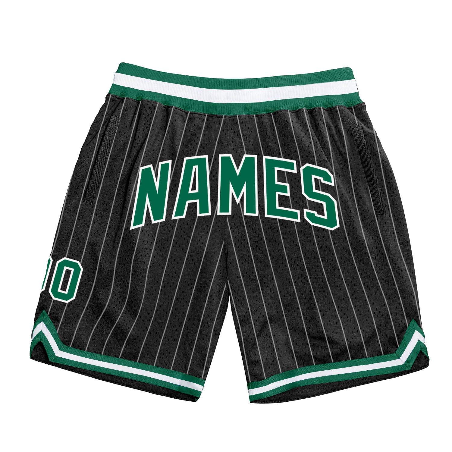 Custom Name Number Basketball Shorts Black White Pinstripe Kelly Green White Authentic Team Wear Personalized Black White