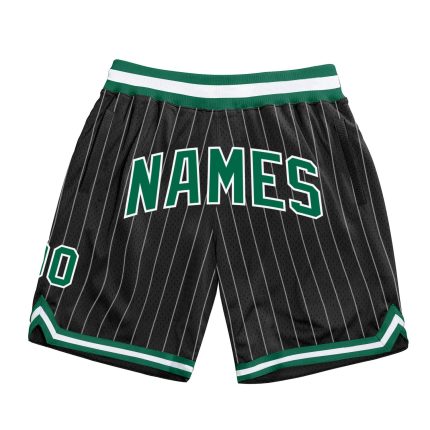 Personalized Black White Basketball Shorts with Kelly Green-White Pinstripe Design Personalized Black White Pinstripe Kelly