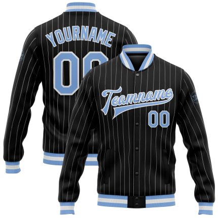Personalized Light Blue Pinstripe Varsity Bomber Jacket Full-Snap Black White 2 Personalized Black White Pinstripe Light
