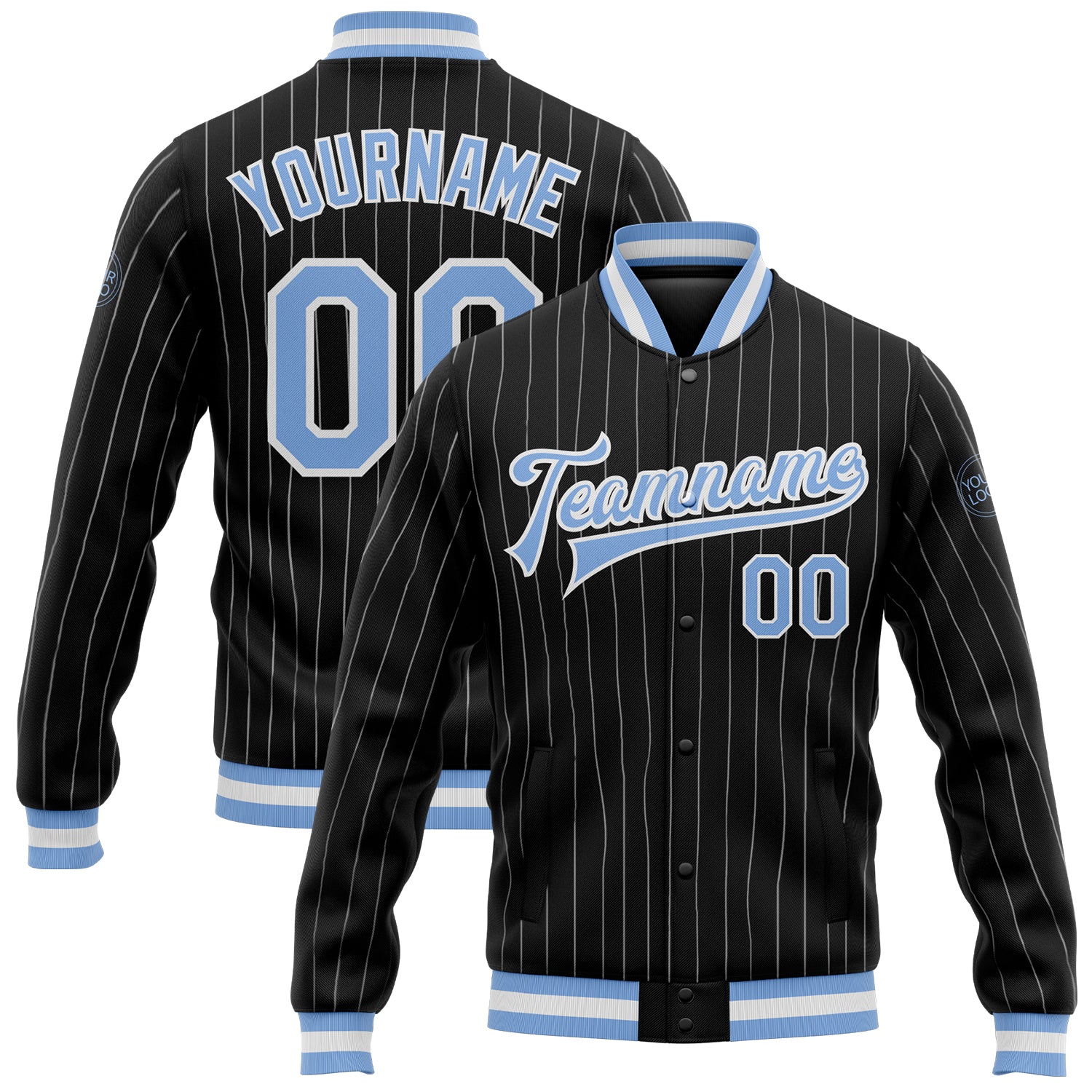 Personalized Light Blue Pinstripe Varsity Bomber Jacket Full-Snap Black White 2 Personalized Black White Pinstripe Light