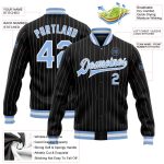 Personalized Light Blue Pinstripe Varsity Bomber Jacket Full-Snap Black White 2 Personalized Black White Pinstripe Light