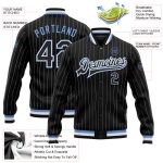 Personalized Black White Pinstripe Varsity Jacket Light Blue Bomber Full-Snap 3 Personalized Black White Pinstripe Light