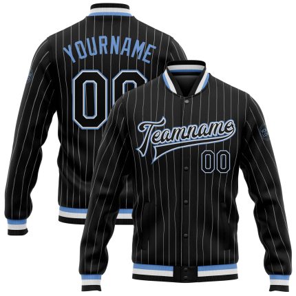 Personalized Black White Pinstripe Varsity Jacket Light Blue Bomber Full-Snap 3 Personalized Black White Pinstripe Light
