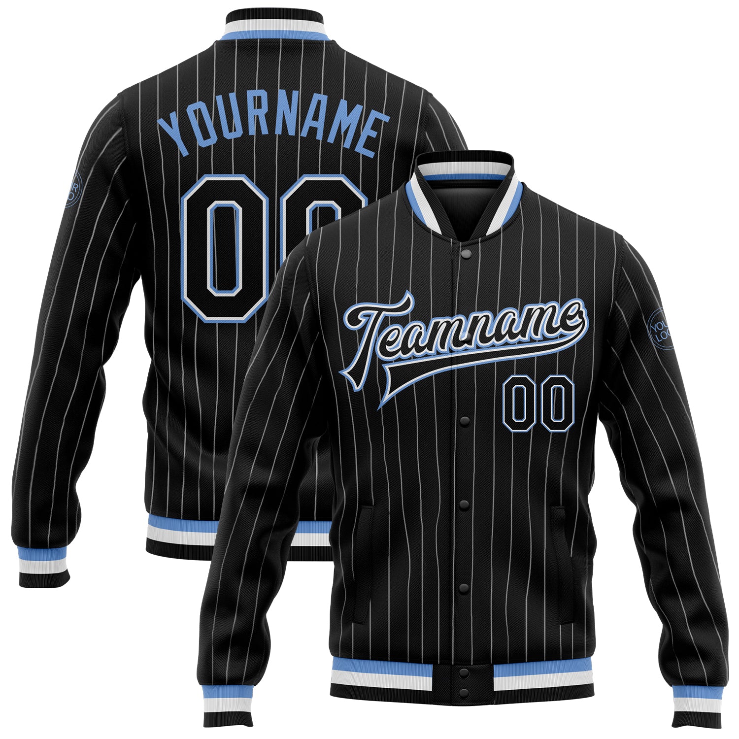 Personalized Black White Pinstripe Varsity Jacket Light Blue Bomber Full-Snap 3 Personalized Black White Pinstripe Light
