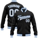 Personalized Varsity Letterman Jacket Black White Pinstripe Light Blue Full-Snap Personalized Black White Pinstripe Light