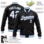 Personalized Varsity Letterman Jacket Black White Pinstripe Light Blue Full-Snap Personalized Black White Pinstripe Light