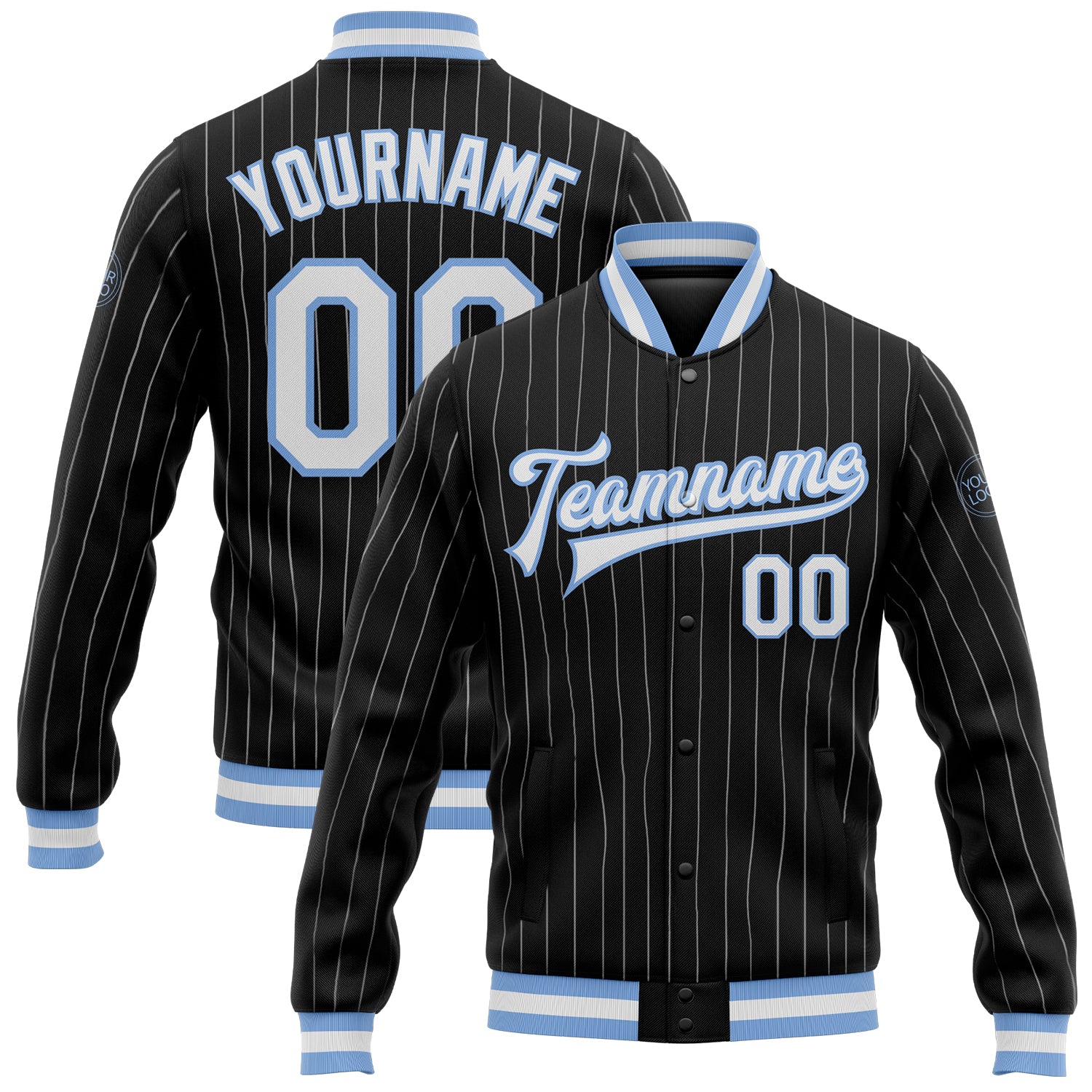Custom Team Bomber Jacket with Name and Number - Personalized Black and White Pinstripe Varsity Full-Snap Light Blue Personalized