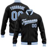 Personalized Black White Pinstripe Varsity Letterman Jacket - Light Blue Full-Snap Bomber Personalized Black White Pinstripe