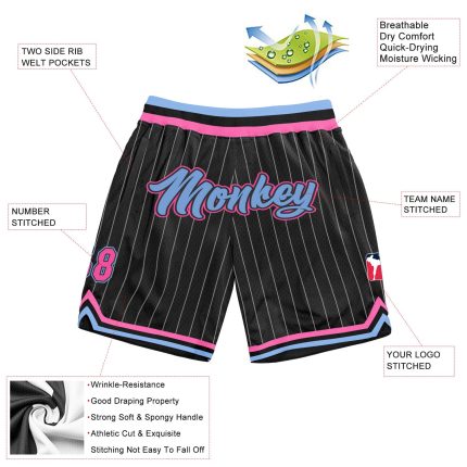 Custom Name Number Basketball Shorts Light Blue Pink Black White Pinstripe Authentic Team Outfit Personalized Black White