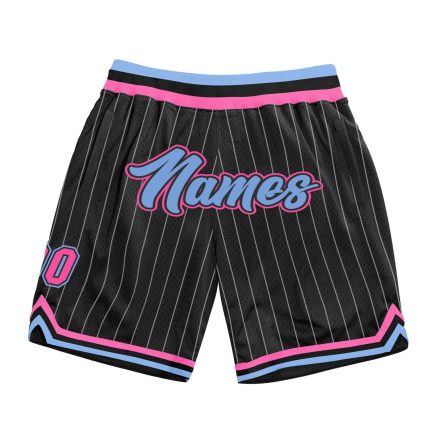 Personalized Black White Pinstripe Basketball Shorts for Men, Light Blue Pink Trim Personalized Black White Pinstripe Light