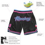 Personalized Black White Pinstripe Basketball Shorts for Men, Light Blue Pink Trim Personalized Black White Pinstripe Light