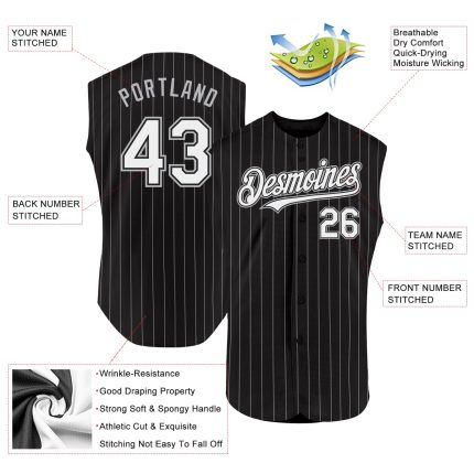 Personalized Pinstripe Baseball Jersey in Black White Light Blue, Sleeveless Design Personalized Black White Pinstripe Light