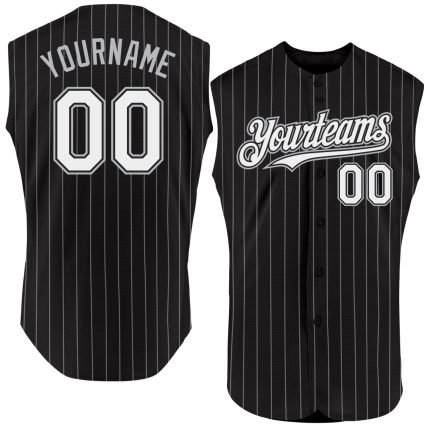 Personalized Pinstripe Baseball Jersey in Black White Light Blue, Sleeveless Design Personalized Black White Pinstripe Light