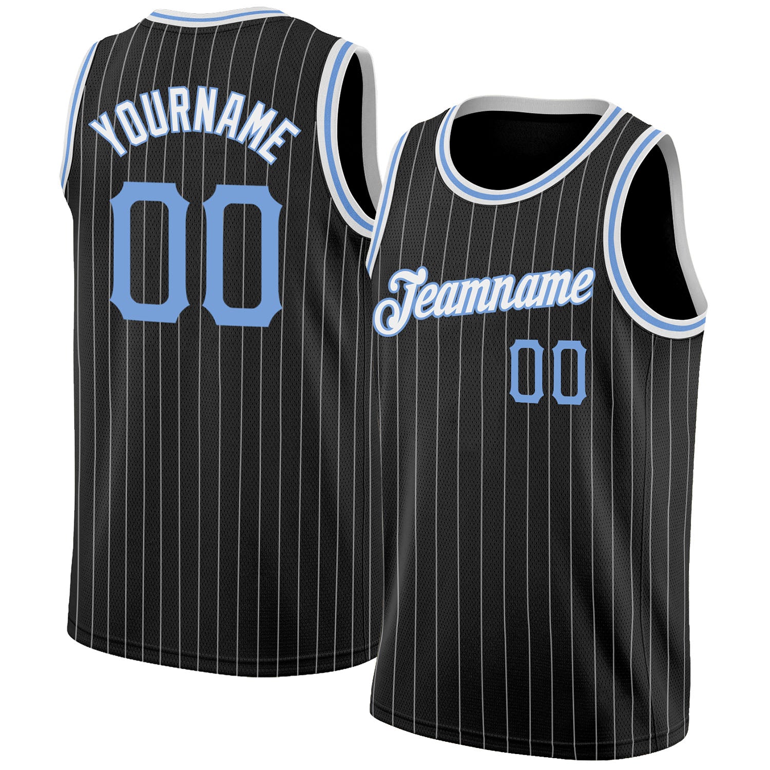Customizable Basketball Jersey with Team Name & Number, Black White Pinstripe Design, Light Blue-White, Authentic Personalized