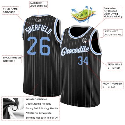 Customizable Basketball Jersey with Team Name & Number, Black White Pinstripe Design, Light Blue-White, Authentic Personalized