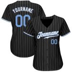 Personalized Black and White Pinstripe Baseball Jersey with Light Blue Accents Personalized Black White Pinstripe Light Blue-White