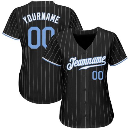 Personalized Black and White Pinstripe Baseball Jersey with Light Blue Accents Personalized Black White Pinstripe Light Blue-White