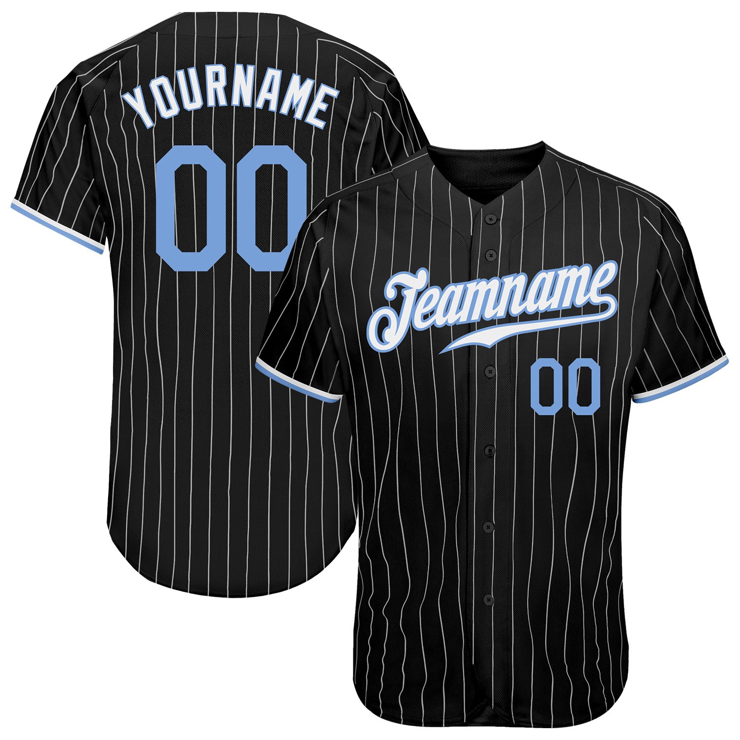 Personalized Black and White Pinstripe Baseball Jersey with Light Blue Accents Personalized Black White Pinstripe Light Blue-White