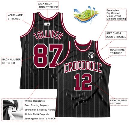 Custom Basketball Jersey with Personalized Name and Number, Black White Pinstripe Maroon-White Design Personalized Black