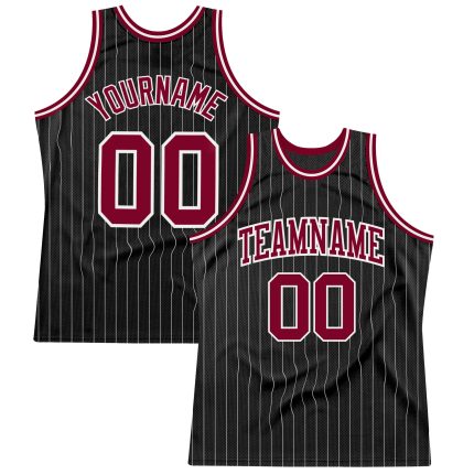 Custom Basketball Jersey with Personalized Name and Number, Black White Pinstripe Maroon-White Design Personalized Black