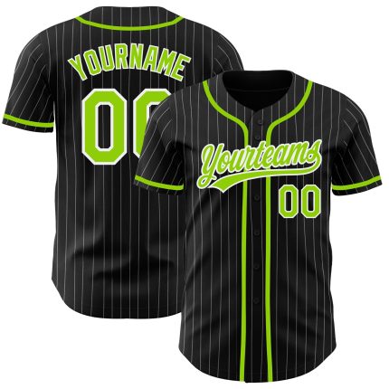 Personalized Neon Green Baseball Jersey with Black White Pinstripe Design Personalized Black White Pinstripe Neon Green Baseball