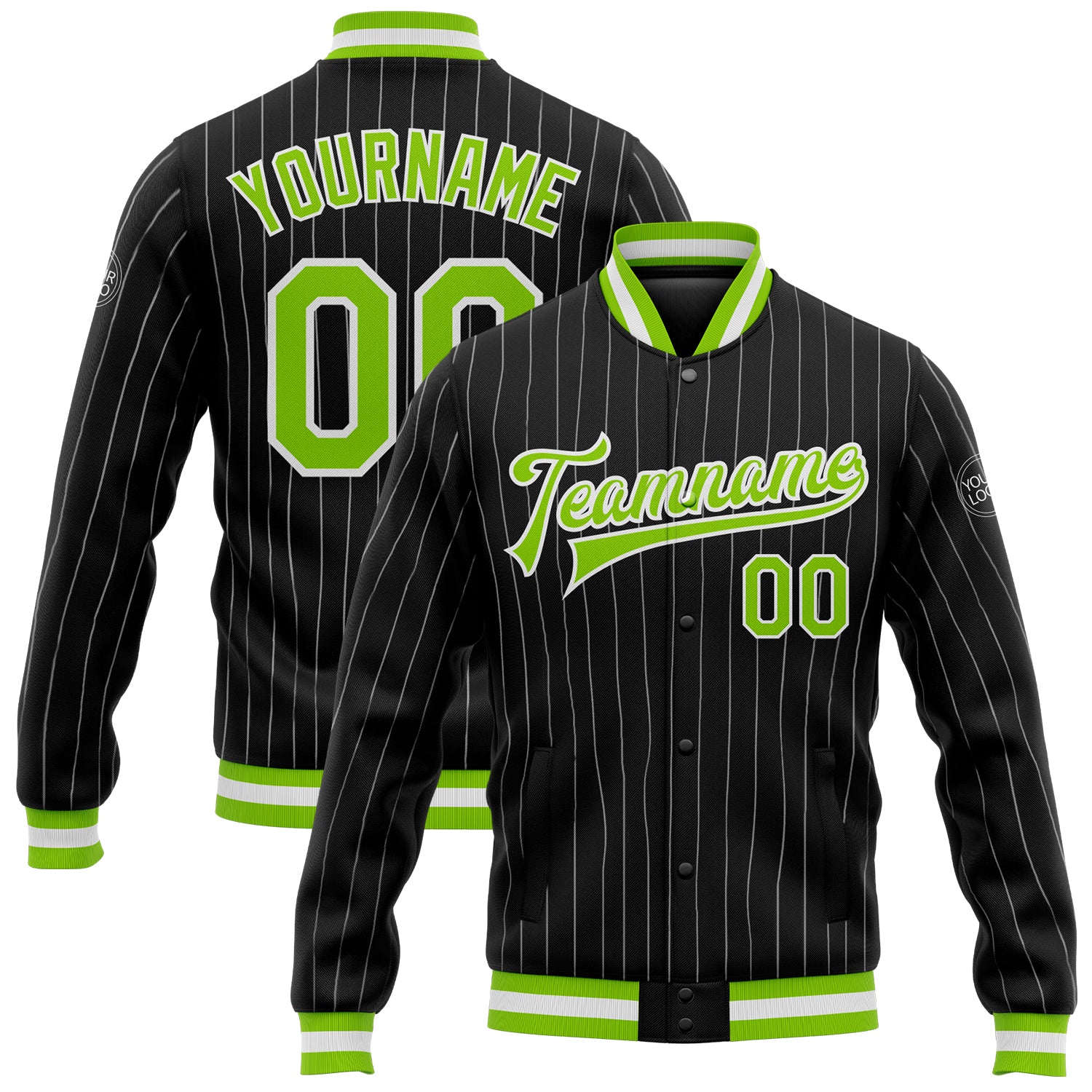 Personalized Neon Green Pinstripe Bomber Varsity Letterman Jacket Black White Full-Snap Personalized Black White Pinstripe