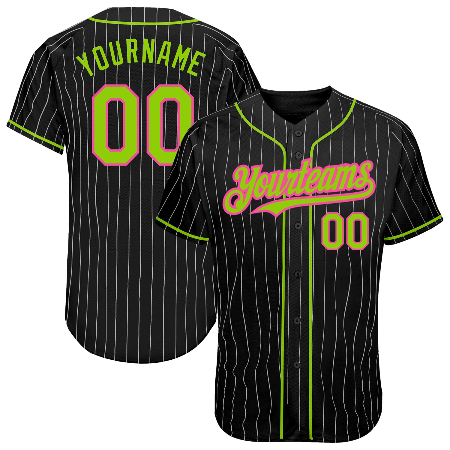 Custom Name Number Baseball Jersey Black White Pinstripe Neon Green Pink Authentic Team Design Personalized Black White Pinstripe