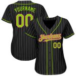Personalized Neon Green Pink Baseball Jersey, Black White Pinstripe Design Personalized Black White Pinstripe Neon Green-Pink