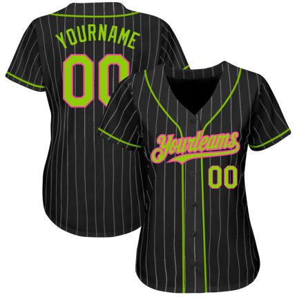 Personalized Neon Green Pink Baseball Jersey, Black White Pinstripe Design Personalized Black White Pinstripe Neon Green-Pink