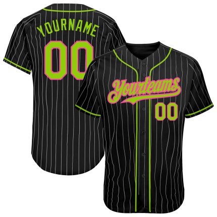 Personalized Neon Green Pink Baseball Jersey, Black White Pinstripe Design Personalized Black White Pinstripe Neon Green-Pink
