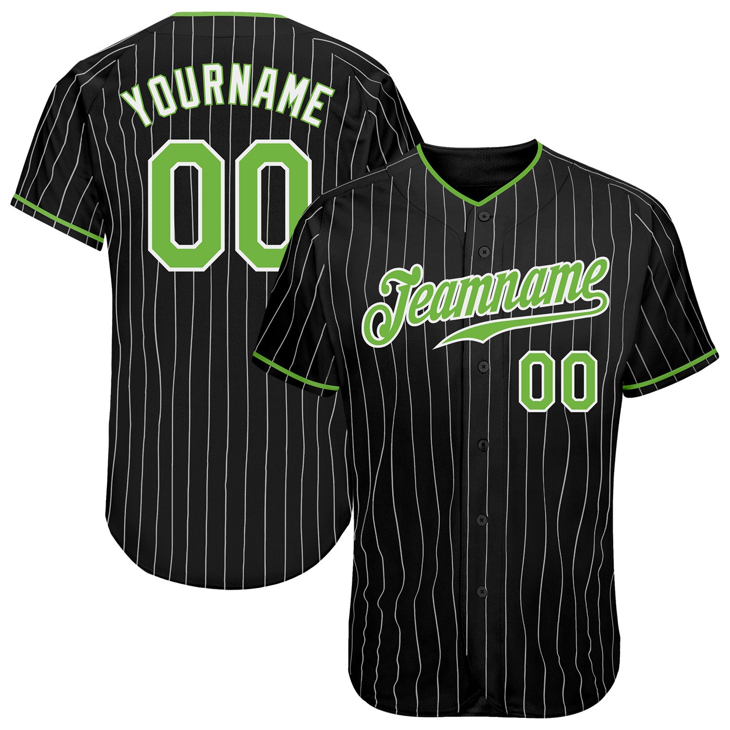 Custom Pinstripe Baseball Jersey with Neon Green and White - Personalized Team Name & Number Personalized Black White Pinstripe