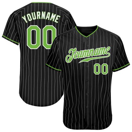 Personalized Black White Pinstripe Baseball Jersey with Neon Green Accent Personalized Black White Pinstripe Neon Green-White
