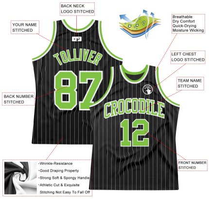 Personalized Basketball Jersey Black White Pinstripe Neon Green-White 2 Personalized Black White Pinstripe Neon Green-White