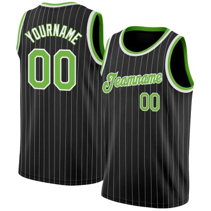 Pinstripe Basketball Jersey Personalized Black White Neon Green-White Design Personalized Black White Pinstripe Neon Green-White